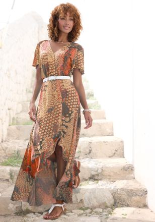 Buffalo Maxikleid BUFFALO, Damen, Gr. 34, N-Gr, bunt (orange, blau, bedruckt), Jersey, Obermaterial: 100% Viskose, animal-print, figurbetont kn&ouml;chellang, V-Au