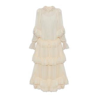 Chlo&eacute; Maxi Jurk met Lange Mouwen - Dames - Jurken - Beige - Maat: XS Zijde