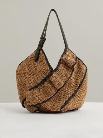 Reiss Womens Brown & Black Ruffled Raffia Tote Bag, Size: 45x50x28cm