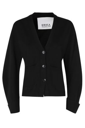 Erika Cavallini Semi Couture Pietro Black V-Neck Virgin Wool Cardigan