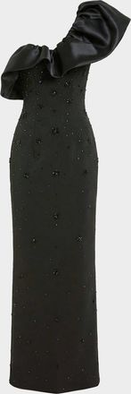 Mac Duggal Beaded Crepe One-Shoulder Column Gown