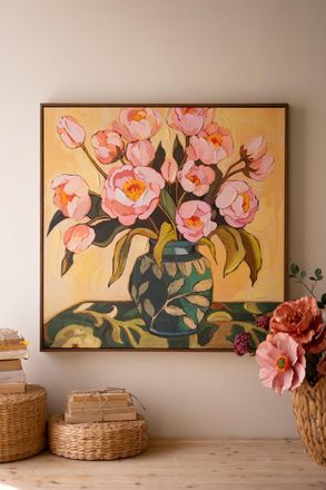 Kalalou Framed Painting - Pink Flowers With Blue Vase