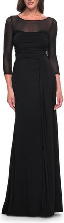 La Femme Chic Black Evening Dress with Illusion Neckline and Sleeves at Nordstrom, Size 14