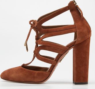 Aquazzura Brown Suede Lace Up Block Heel Pumps