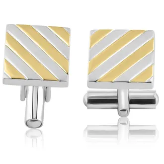Pompeii3 Mens Stainless Steel And Gold Striped Rectangle Polished 14mm Cufflink