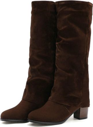 Generic Womens Knee-High Boots, Elegant Suede Long Shaft Boots with Pleated Look And Low Block Heel Slip-On Shoes Comfortable Round Toe Autumn Winter Dress Bo