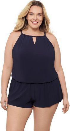 Aqua Green Plus Size Keyhole Blouson Slimming Swimsuit Romper with Pockets in True Navy at Nordstrom, Size 2X