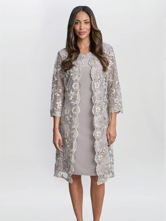 Gina Bacconi Womens Daryl Embroidered Mock Jacket Dress - Taupe - Size 8 UK