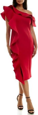 Nina Leonard Ruffle One-Shoulder Scuba Knit Sheath Dress in Nina Red at Nordstrom Rack, Size X-Large