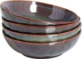 Beliani Conjunto De 4 Platos Hondos Cuenco Para Pasta De Gres Caol&iacute;n Artesanal Acabado Esmalte Reactivo Verde Oscuro Thyme