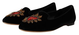 Dolce & Gabbana Womens Black Dg Sacred Heart Patch Slip On Flat Shoes Leather