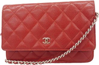 Chanel Red Color Grained Calfskin Chain/Shoulder Wallet (Pre-Owned)
