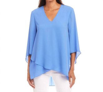 Karen Kane Bracelet Sleeve Asymmetric Top In Dusty Blue
