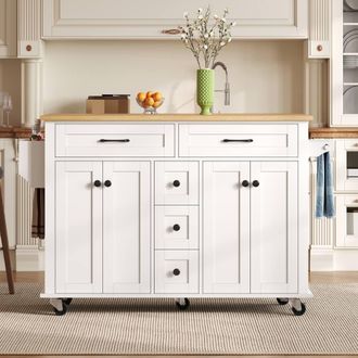 Merax Kitchen Island Trolley with Cabinet, Foldable Countertop & 5 Drawers in White