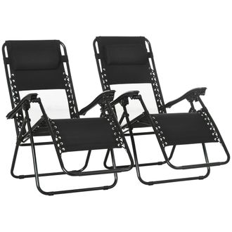 OUTSUNNY Foldable Garden Recliner Chair Set of 2 w/ Footstool & Headrest - Black | TJ Hughes