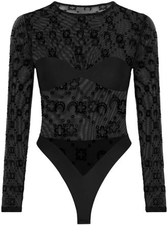 Marine Serre Flocked Mesh Long-Sleeve Bodysuit with Bustier Panel