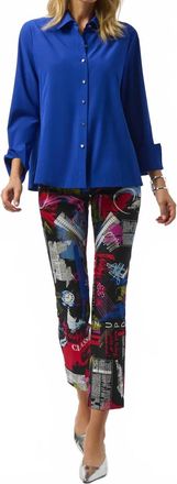 Joseph Ribkoff Poplin Button-Front Back Slit Three Quarter Sleeves Top In Royal Sapphire