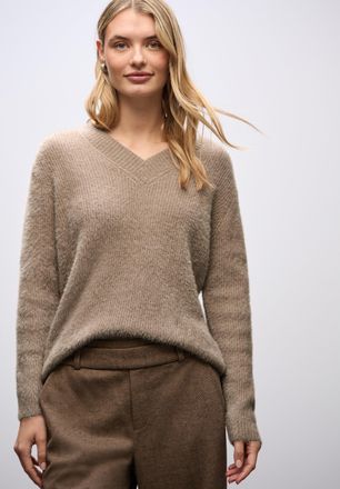 Street One V-Ausschnitt-Pullover STREET ONE, Damen, Gr. 38, mocha glow, Strick, Obermaterial: 55% Polyester, 45% Baumwolle, unifarben, regular fit normal, V-Auss