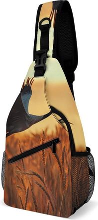 Generic Crane Bird Wheat Field Mens Crossbody Chest Sling Bag for Travel Hiking Lightweight Shoulder Bags with Small Side