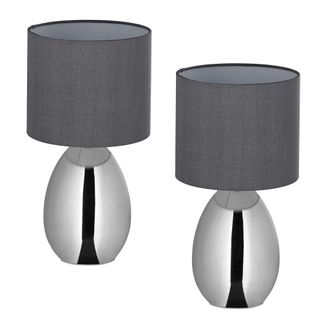 Relaxdays L&aacute;mpara Mesa, Set De 2, Con Interruptor, Lamparita Noche, 3 Grados Luz, E14, 33,5 X 18 Cm, Plateado/gris - Relaxdays