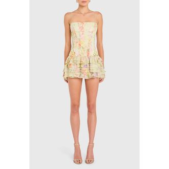 Amanda Uprichard Laureline Floral Print Ruffle Romper in Endive Multi at Nordstrom, Size X-Small