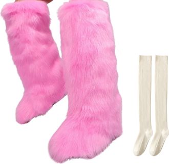 Generic Furry Boots for Women Thigh High, Over the Knee Fluffy High Boots, Tall Flat Winter Snow Warm Winter Shoes (C,8.5)