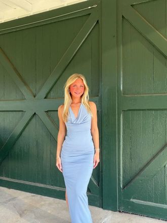 Nia Declan Cowl Neck Halter Top In Slate Blue