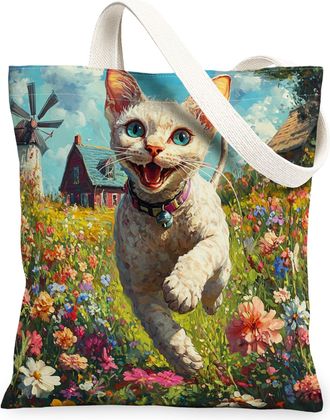 Generic Spring Devon Rex Cat Canvas Tote Bag for Shopping 13x15, Country Garden Kitten Reusable Grocery Print Pattern Bag for Women, Fun Flower Pet Beach Aest