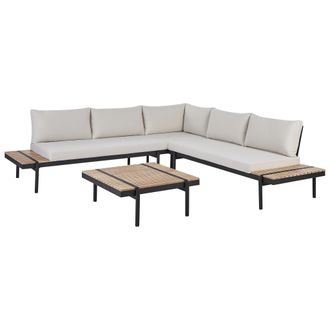 Beliani Conjunto De Jard&iacute;n Con Sof&aacute; Esquinero 5 Plazas Mesa De Centro De Madera De Eucalipto Cojines Blanco Crema Bellariva