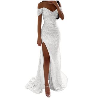 Generic Evening Dresses for Women UK Sequins Wedding Guest Bridesmaid Maxi Dress Off The Shoulder High Split Floor Length Prom Ball Gowns Sparkly Glitter Part