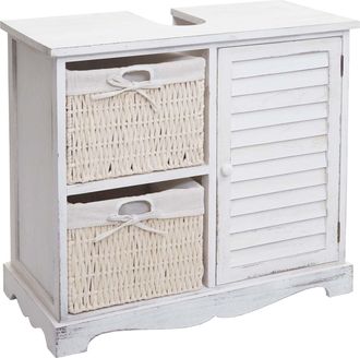Hhg Mueble Bajo Lavabo Hhg 672, Lavabo De Ba&ntilde;o, Caj&oacute;n Cesta De Madera Maciza 60x65x31cm, Blanco Desgastado