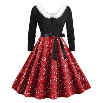 Generic Christmas Dresses for Women Glad Rags Vintage Elegant A Line Christmas Fancy Dress Formal Dresses for Women Multi Colored Vintage Printed Holiday Long