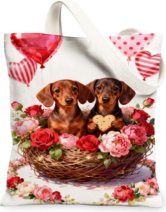 Generic Floral Canvas Tote Bags, Cute Dogs Heart Design Reusable Grocery Bags, ValentineS Vintage Lightweight Washable Shoulder St, White, 13x15 Inch