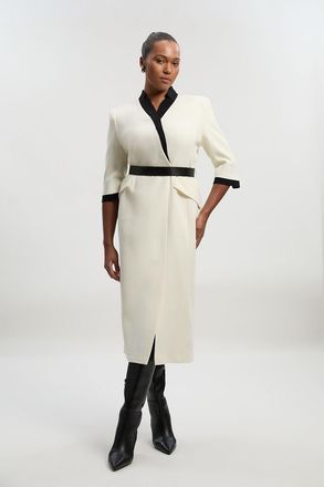 Karen Millen Womens Plus Size Compact Stretch Tipped Tailored Belted Forever Midi Dress - White - Size 22 UK