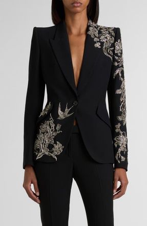 Alexander McQueen Tattoo Embroidery Peak Shoulder Crepe Blazer in Black at Nordstrom, Size 10 Us