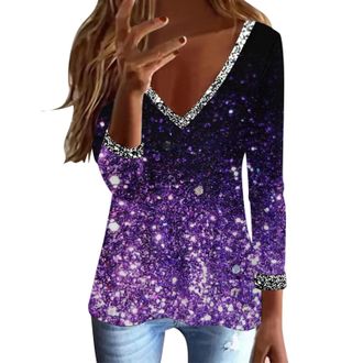 Generic Women Sequin Top Long Sleeve V Neck Glitter Top Blouse Tops Party Outfits Sparkly Sequin Tops Sparkly Jumpers Evening Tops Clubbing Tshirt Plus Size S
