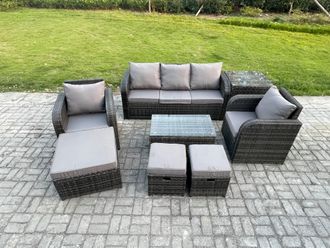 Fimous 8 Seater Rattan Garden Furniture Set Patio Outdoor Lounge Sofa Set with Rectangular Coffee Table 3 Footstools in Dark Grey