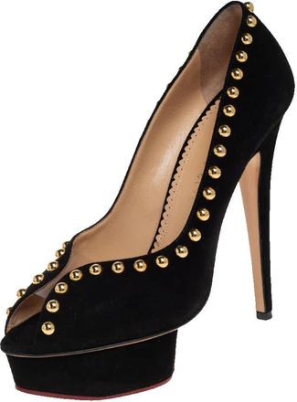 Charlotte Olympia Black Suede Daphne Studded Peep Toe Platform Pumps