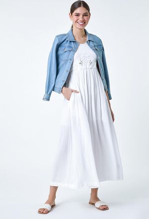 Roman Cotton Blend Lace Detail Midi Dress