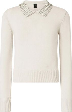 Pinko Gebreide polo met lange mouwen - Dames - Ronde hals truien - Wit - L - Leer - Truien & Vesten