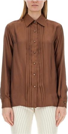 Tom Ford Geplooide zijden blouse met knopen - Dames - Overhemden - Bruin - 2XS - Leer - Overhemden