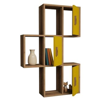 Dmora Estanter&iacute;a Carzano, 7 Estantes, Estructura Amarilla, Toque Nogal, 50x20x113h Cm Marr&oacute;n Nogal