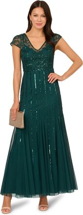 Adrianna Papell Womens Studio Beaded Long Dress - Green - Size 6 UK