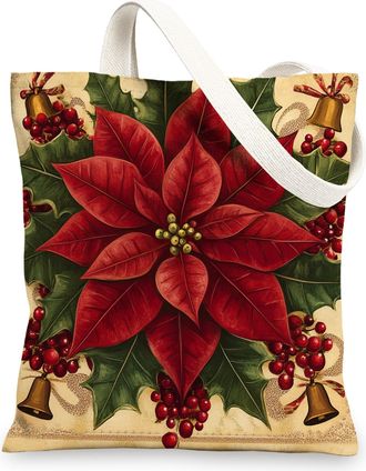 Generic Vintage Merry Christmas Poinsettia Canvas Tote Bag for Shopping 13x15, Retro Xmas Reusable Grocery Print Bag for Women Men, Holiday New Year Aesthetic
