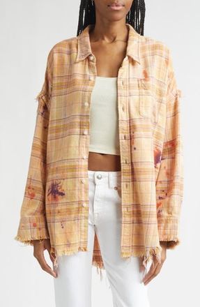R13 Shredded Seam Drop Neck Plaid Flannel Button-Up Shirt in Overdyed Orange Purple Plaid at Nordstrom, Size X-Small