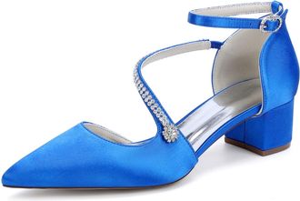 Generic Bridal Shoes Womens Rhinestone Wedding Prom Pumps Satin Pointed Toe Ankle Strap Bridesmaid Chunky Heels Shoes4.5Cm,Royal Blue,10 UK