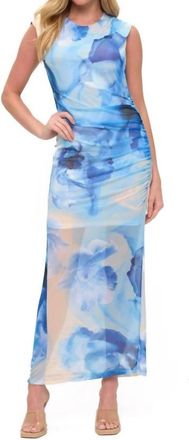 Ariella Ruched Mesh Midi Dress In Aqua Multi