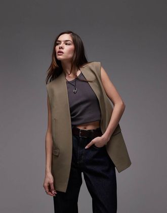 Topshop Blazer senza maniche color fungo in coordinato-Marrone