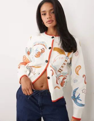 Never Fully Dressed Cardigan in maglia bianco con bottoni e ricamo-Multi