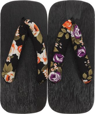 Kesyoo Japanese Summer Wooden Clogs Unisex Two-Tooth Platform Sandals Black Floral Pattern Slippers Size 38 Suitable for UK 3.5 EU 36.5 with Lightweight Brea
